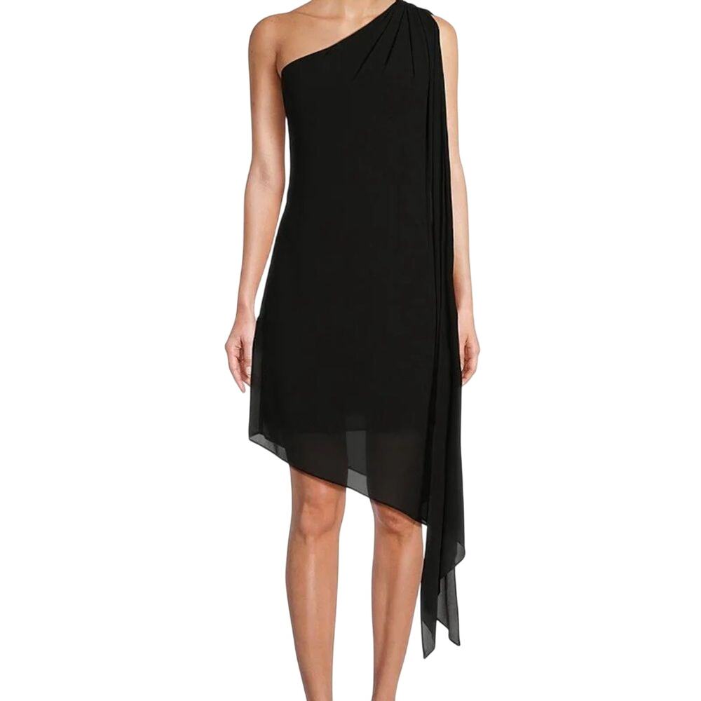 Badgley Mischka Belle Helen One Shoulder Black Asymmetrical Sheath Dress Size 2